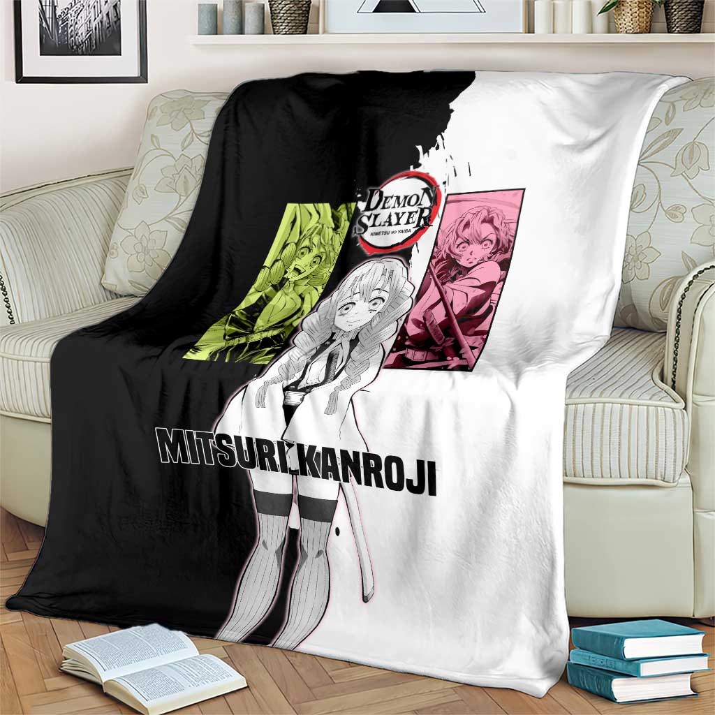 Mitsuri Kanroji from Demon Slayer Blanket with Black and White Split Background and Energetic Sword Pose Manga Style Design - The Mazicc