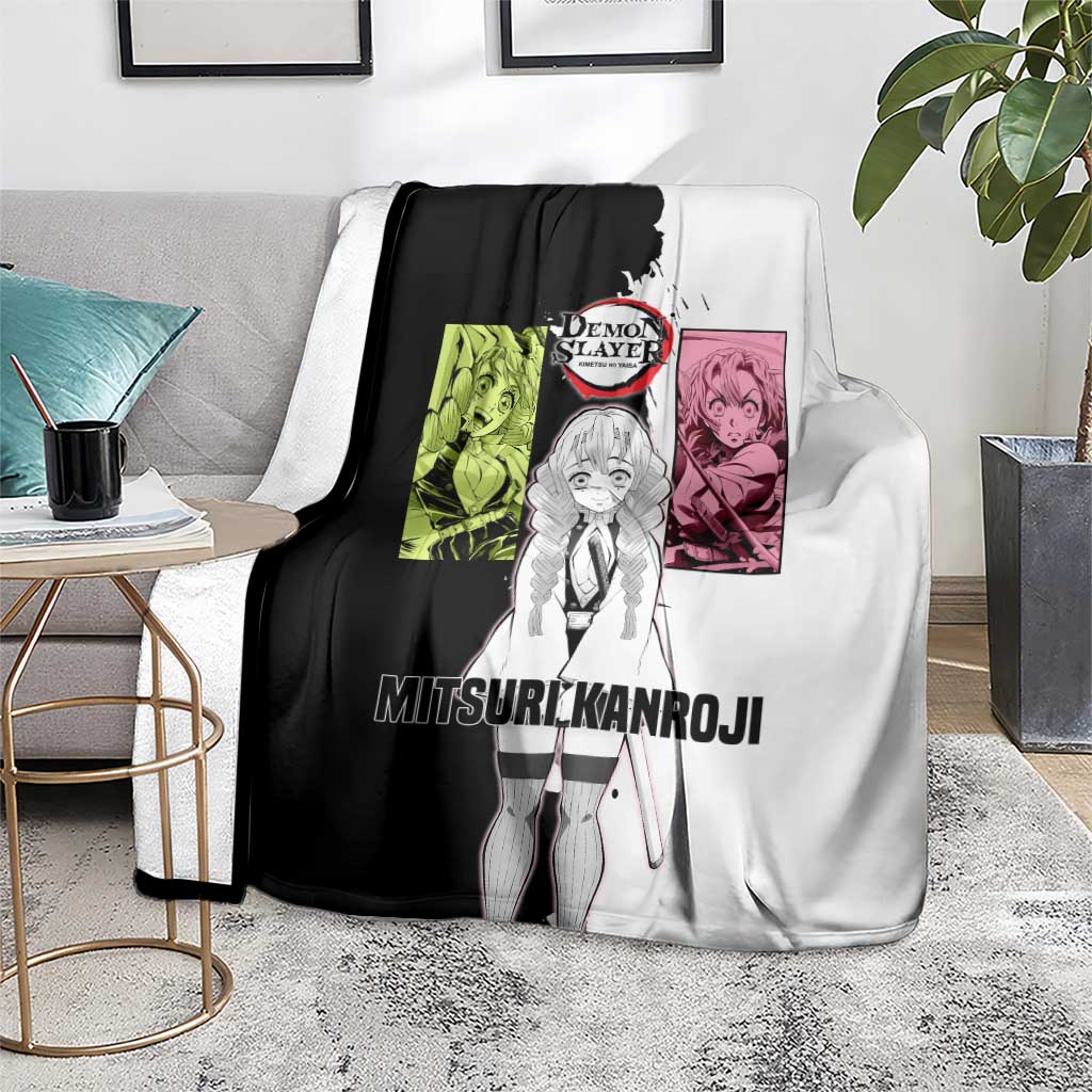 Mitsuri Kanroji from Demon Slayer Blanket with Black and White Split Background and Energetic Sword Pose Manga Style Design - The Mazicc
