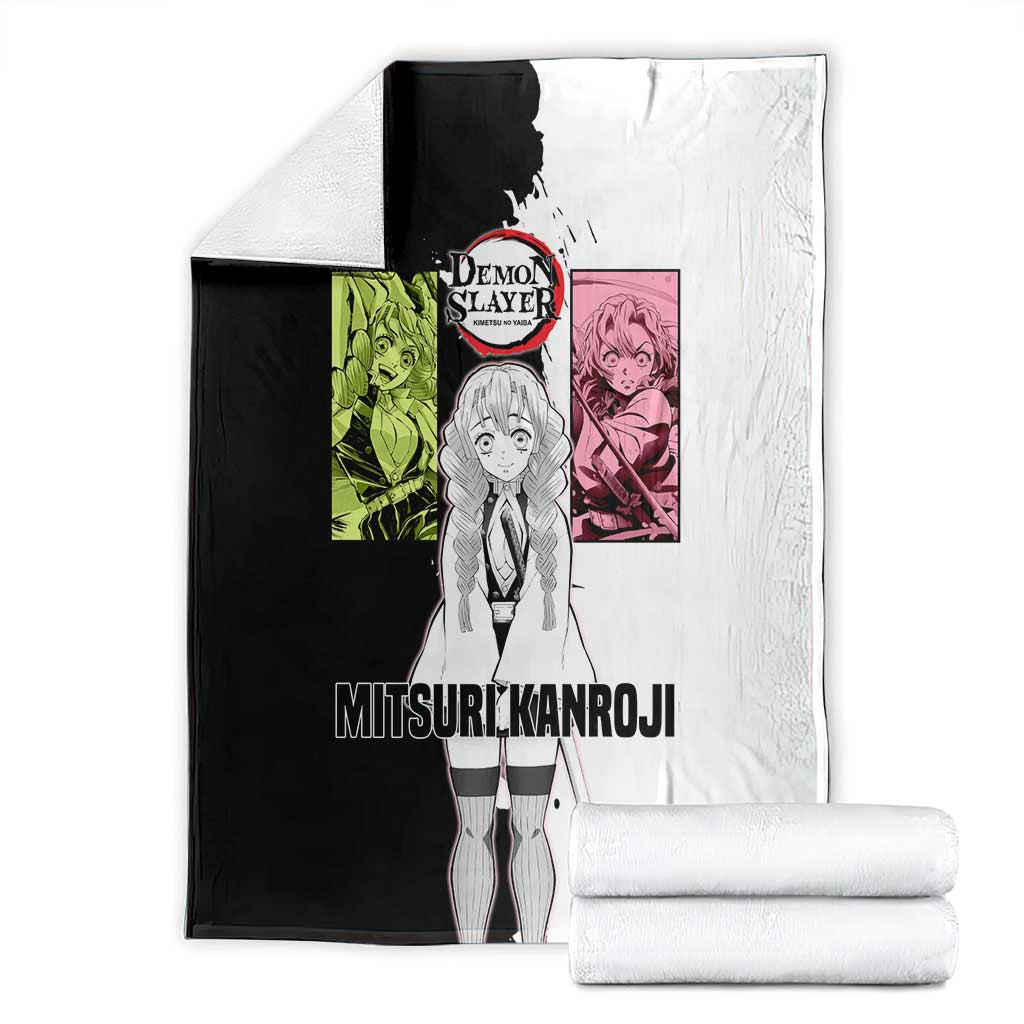 Mitsuri Kanroji from Demon Slayer Blanket with Black and White Split Background and Energetic Sword Pose Manga Style Design - The Mazicc