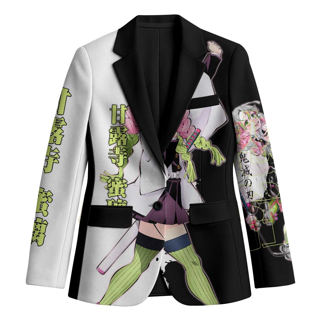 Mitsuri Kanroji from Demon Slayer Blazer with Black and White Split Background and Energetic Sword Pose Manga Style Design - The Mazicc