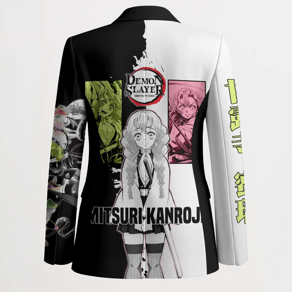 Mitsuri Kanroji from Demon Slayer Blazer with Black and White Split Background and Energetic Sword Pose Manga Style Design - The Mazicc
