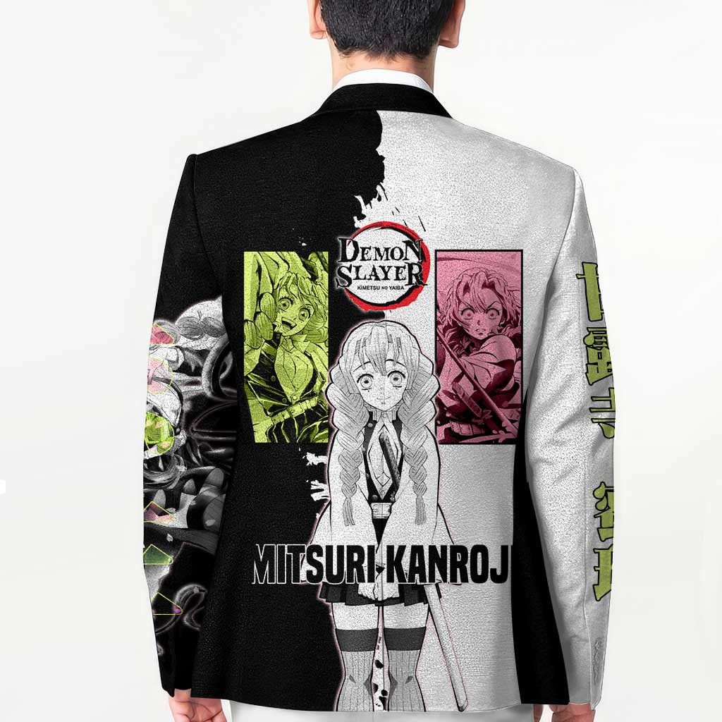 Mitsuri Kanroji from Demon Slayer Blazer with Black and White Split Background and Energetic Sword Pose Manga Style Design - The Mazicc