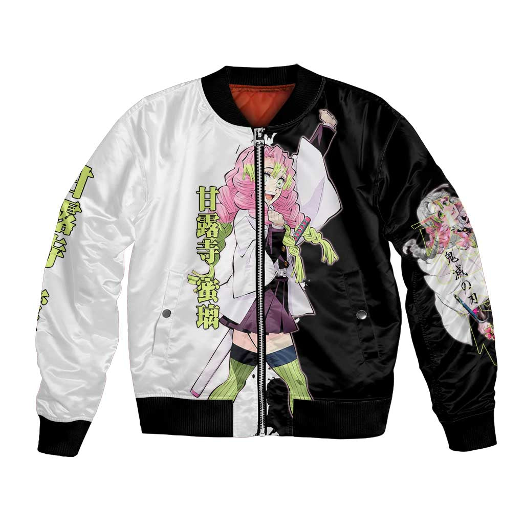Mitsuri Kanroji from Demon Slayer Bomber Jacket with Black and White Split Background and Energetic Sword Pose Manga Style Design - The Mazicc