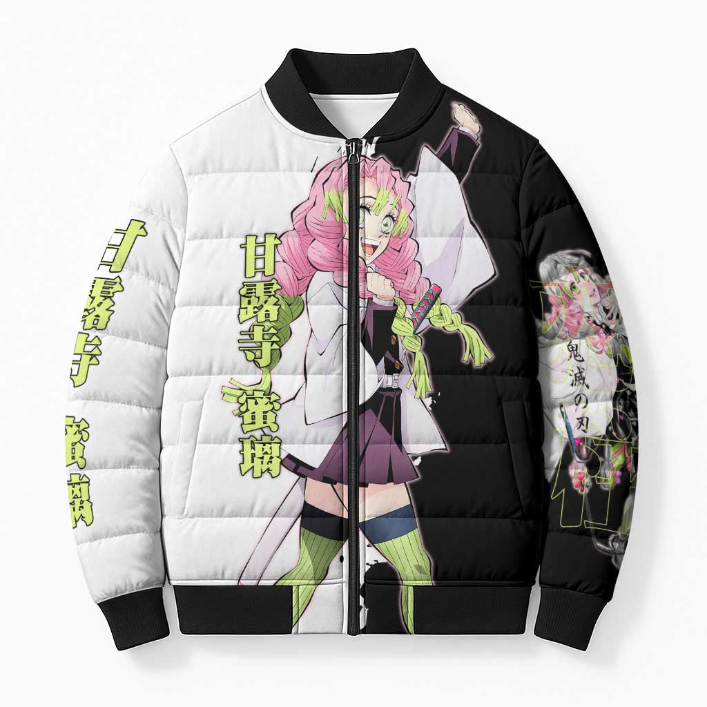 Mitsuri Kanroji from Demon Slayer Bomber Puffer Jacket with Black and White Split Background and Energetic Sword Pose Manga Style Design - The Mazicc