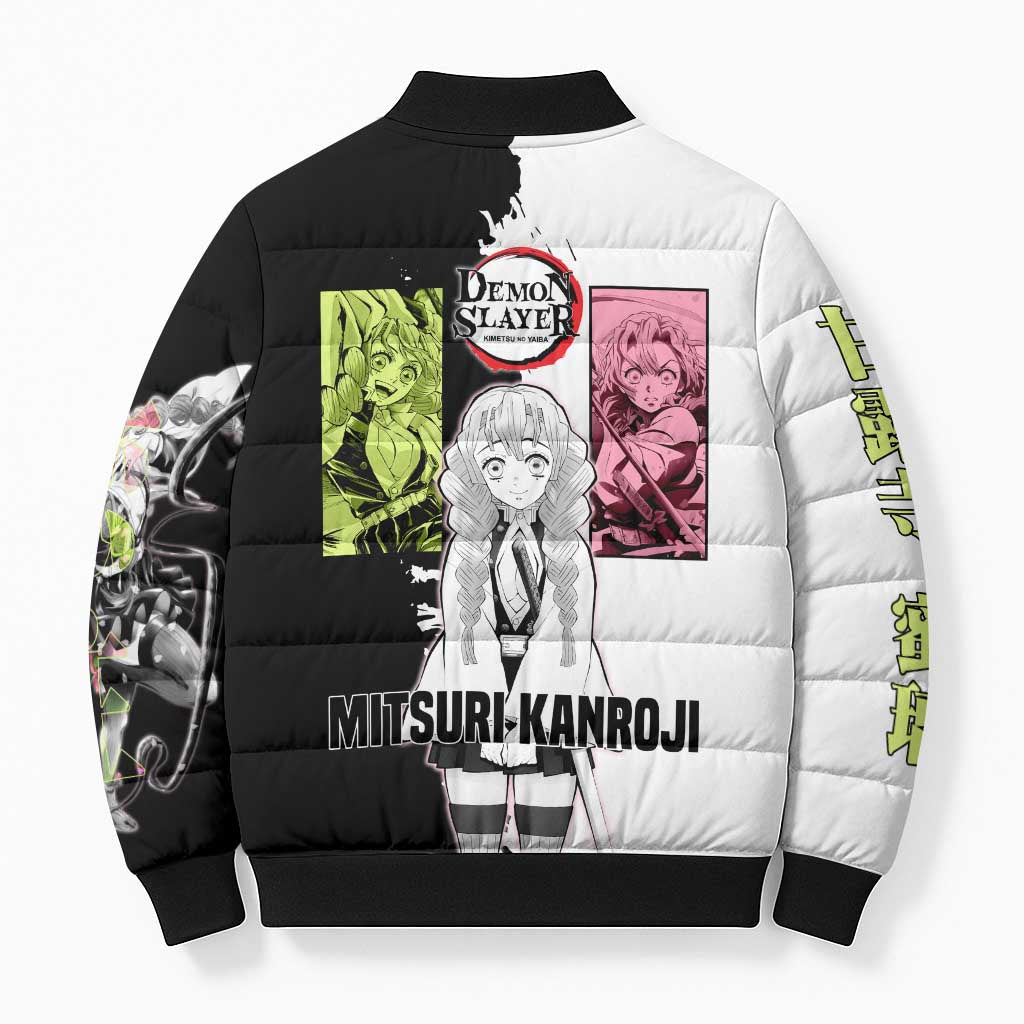 Mitsuri Kanroji from Demon Slayer Bomber Puffer Jacket with Black and White Split Background and Energetic Sword Pose Manga Style Design - The Mazicc