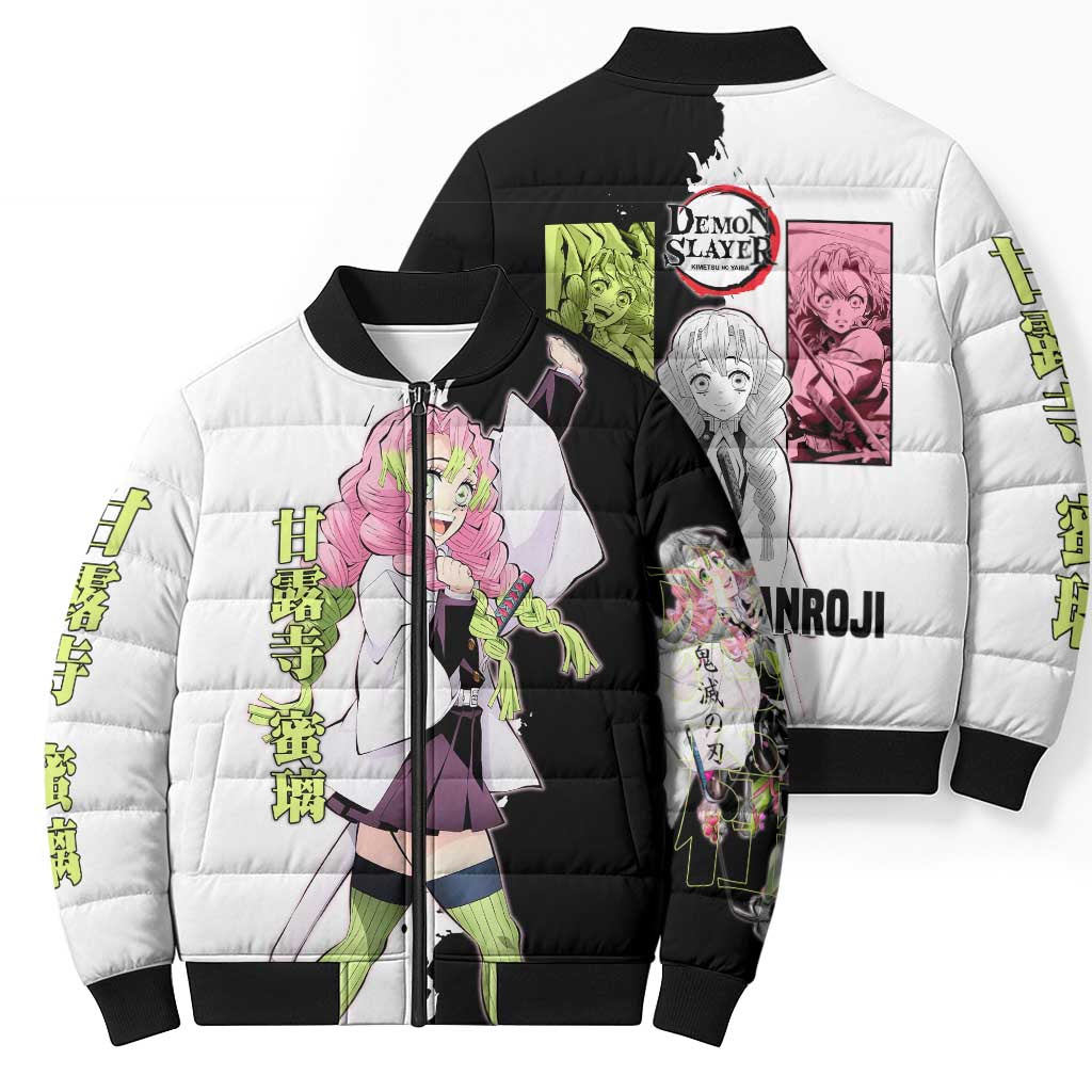 Mitsuri Kanroji from Demon Slayer Bomber Puffer Jacket with Black and White Split Background and Energetic Sword Pose Manga Style Design - The Mazicc