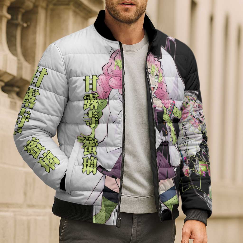 Mitsuri Kanroji from Demon Slayer Bomber Puffer Jacket with Black and White Split Background and Energetic Sword Pose Manga Style Design - The Mazicc
