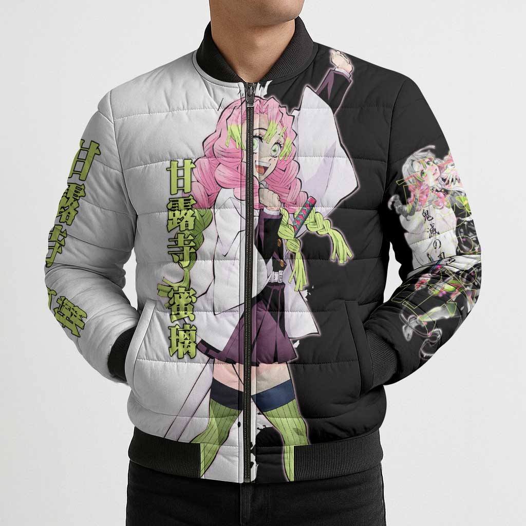 Mitsuri Kanroji from Demon Slayer Bomber Puffer Jacket with Black and White Split Background and Energetic Sword Pose Manga Style Design - The Mazicc