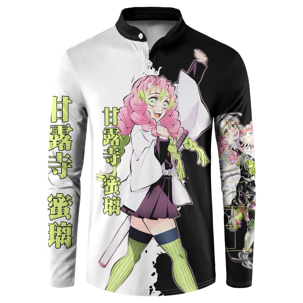 Mitsuri Kanroji from Demon Slayer Button Sweatshirt with Black and White Split Background and Energetic Sword Pose Manga Style Design - The Mazicc