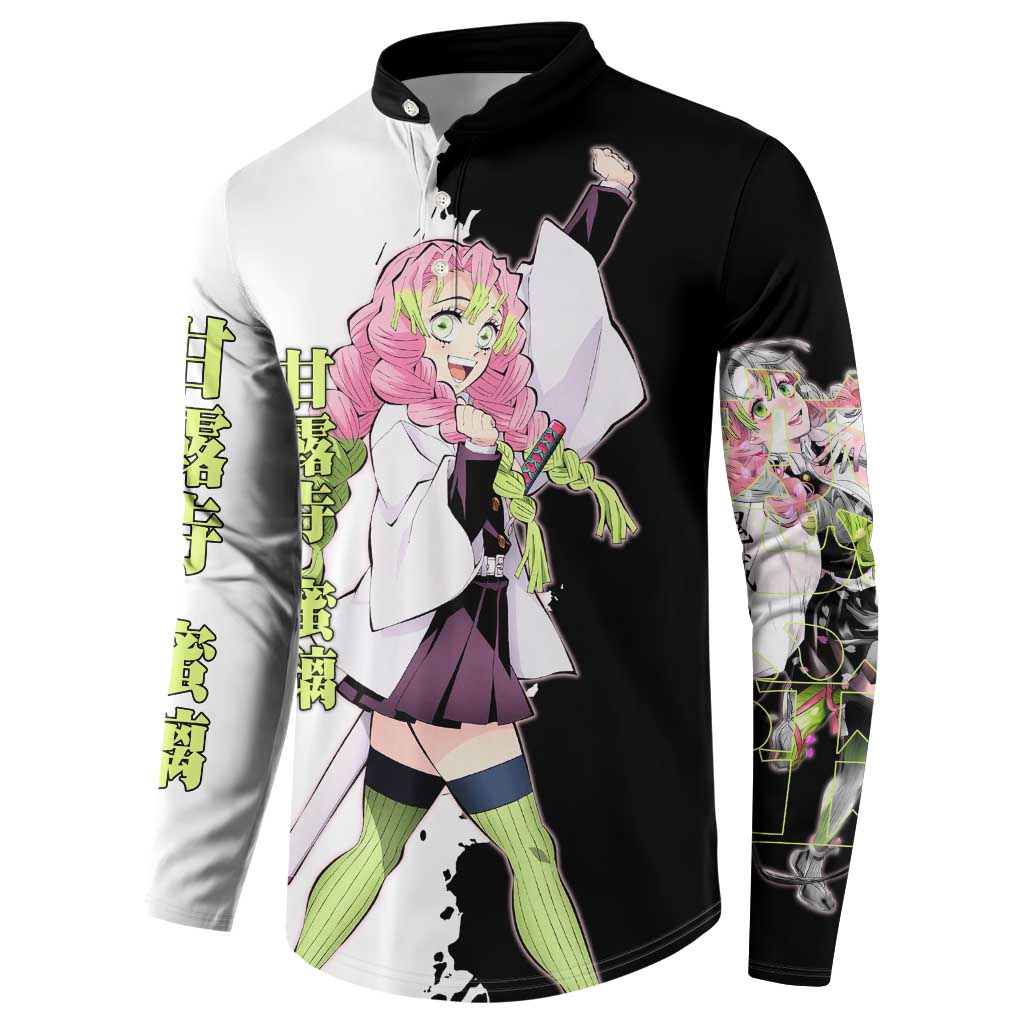 Mitsuri Kanroji from Demon Slayer Button Sweatshirt with Black and White Split Background and Energetic Sword Pose Manga Style Design - The Mazicc