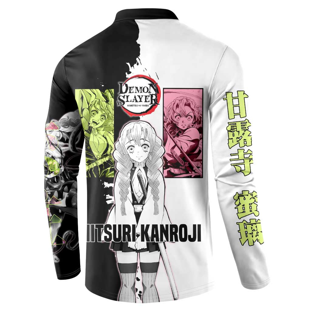 Mitsuri Kanroji from Demon Slayer Button Sweatshirt with Black and White Split Background and Energetic Sword Pose Manga Style Design - The Mazicc