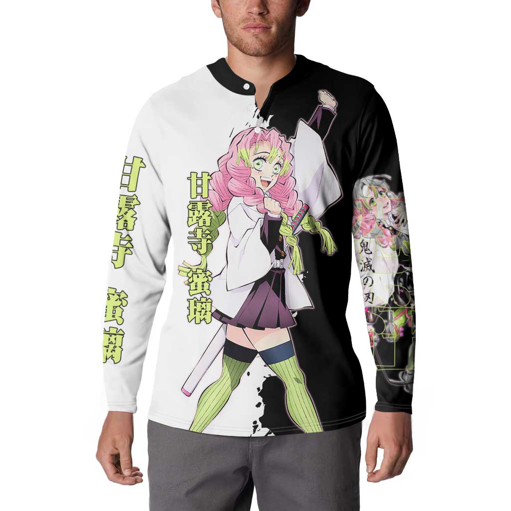 Mitsuri Kanroji from Demon Slayer Button Sweatshirt with Black and White Split Background and Energetic Sword Pose Manga Style Design - The Mazicc