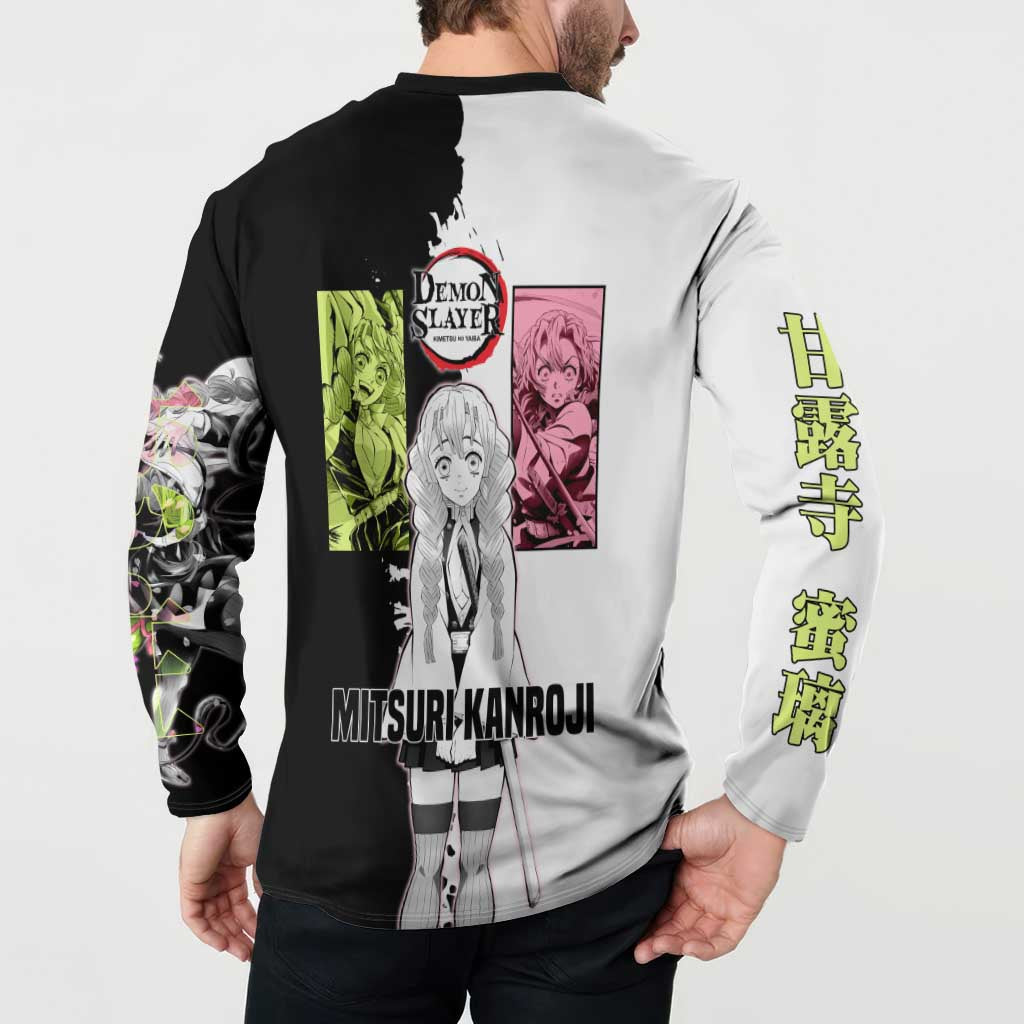 Mitsuri Kanroji from Demon Slayer Button Sweatshirt with Black and White Split Background and Energetic Sword Pose Manga Style Design - The Mazicc