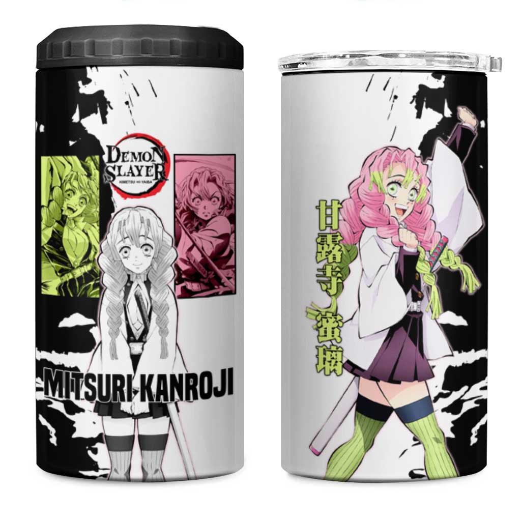 Mitsuri Kanroji from Demon Slayer 4 in 1 Can Cooler Tumbler with Black and White Split Background and Energetic Sword Pose Manga Style Design - The Mazicc