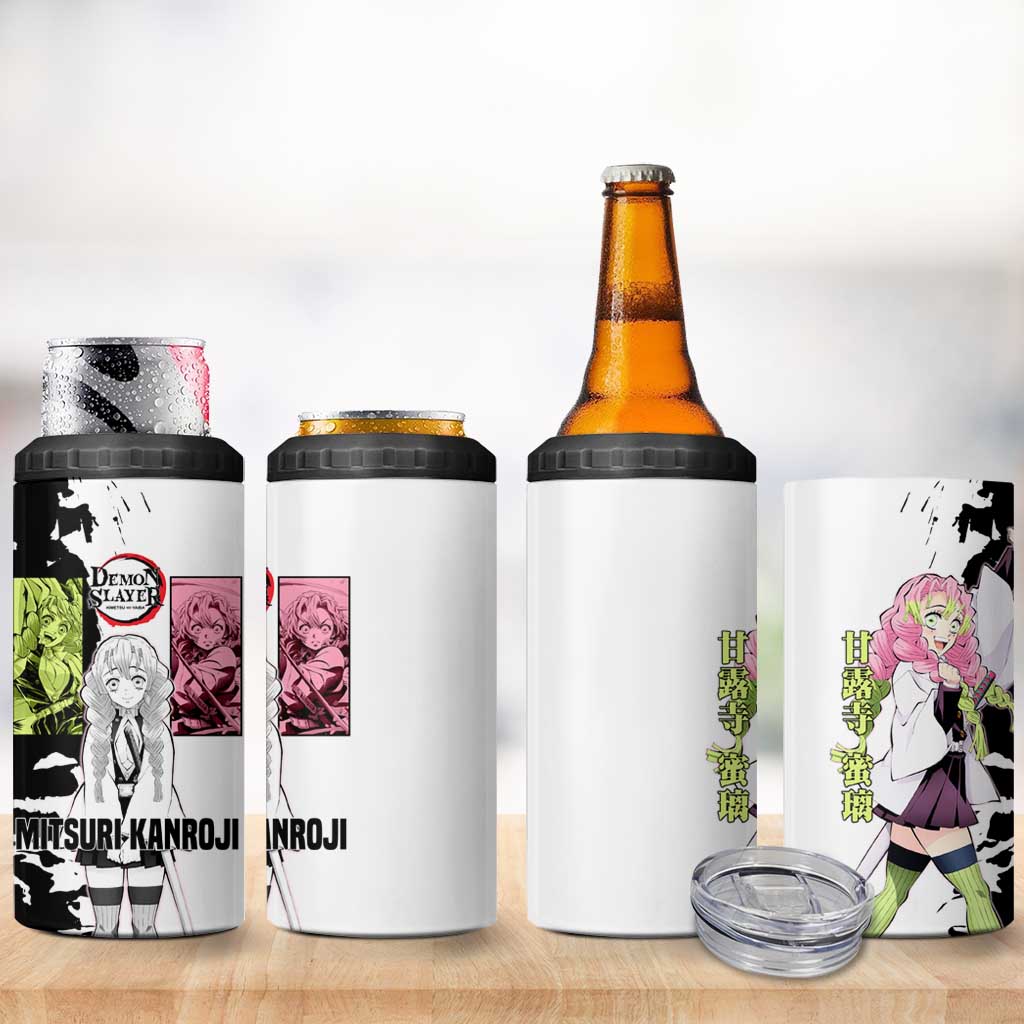 Mitsuri Kanroji from Demon Slayer 4 in 1 Can Cooler Tumbler with Black and White Split Background and Energetic Sword Pose Manga Style Design - The Mazicc