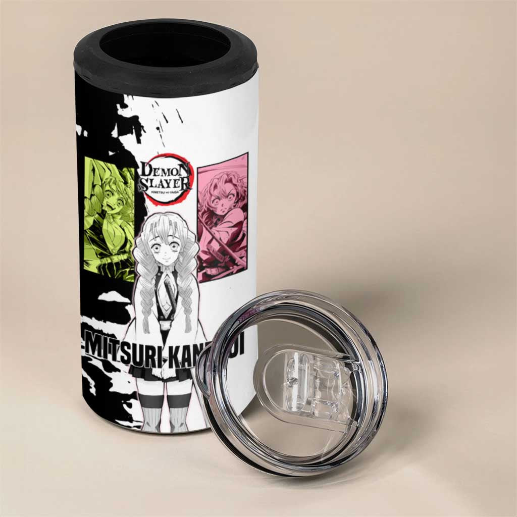 Mitsuri Kanroji from Demon Slayer 4 in 1 Can Cooler Tumbler with Black and White Split Background and Energetic Sword Pose Manga Style Design - The Mazicc