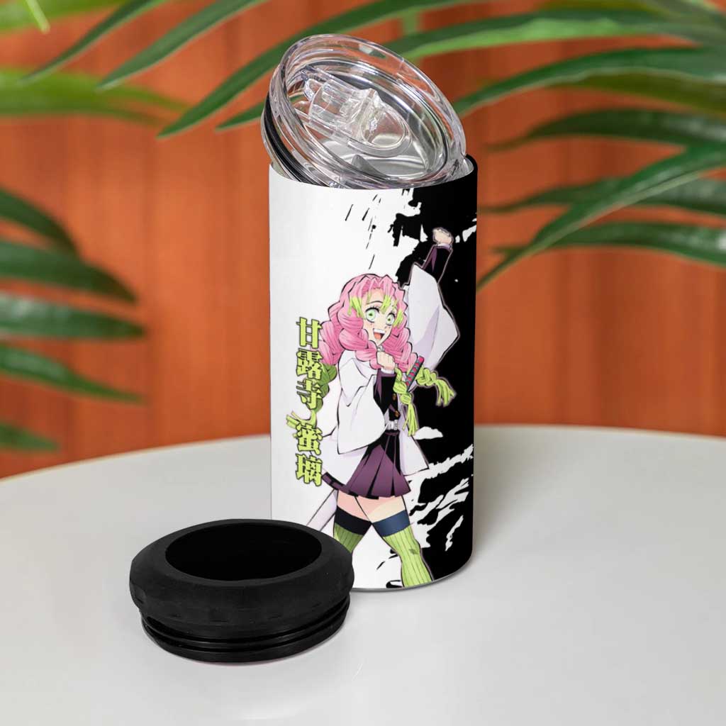 Mitsuri Kanroji from Demon Slayer 4 in 1 Can Cooler Tumbler with Black and White Split Background and Energetic Sword Pose Manga Style Design - The Mazicc