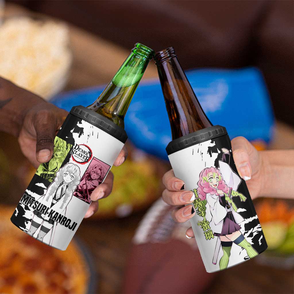 Mitsuri Kanroji from Demon Slayer 4 in 1 Can Cooler Tumbler with Black and White Split Background and Energetic Sword Pose Manga Style Design - The Mazicc