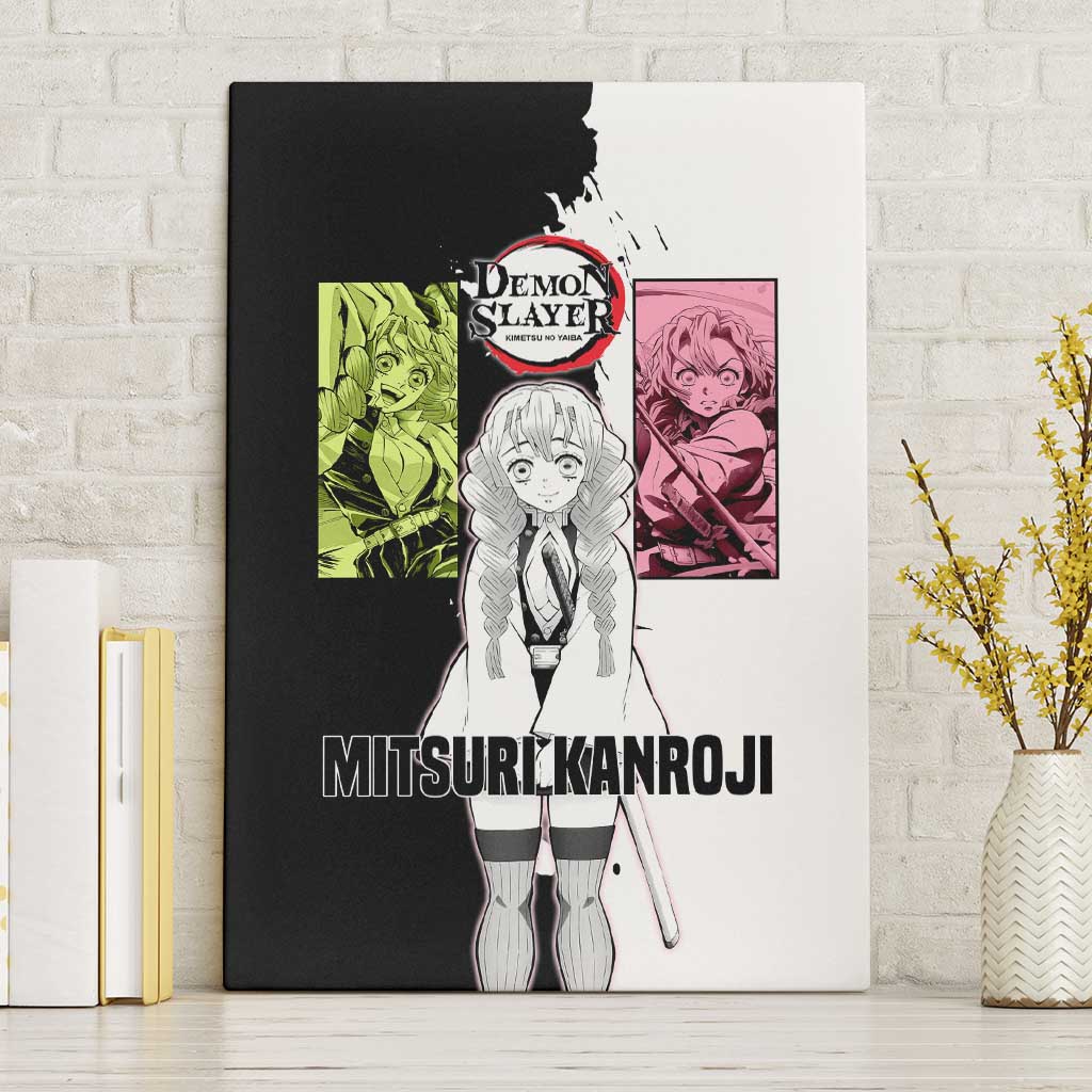 Mitsuri Kanroji from Demon Slayer Canvas Wall Art with Black and White Split Background and Energetic Sword Pose Manga Style Design - The Mazicc