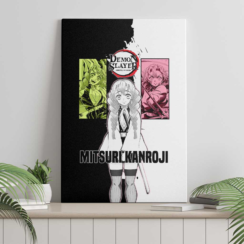 Mitsuri Kanroji from Demon Slayer Canvas Wall Art with Black and White Split Background and Energetic Sword Pose Manga Style Design - The Mazicc