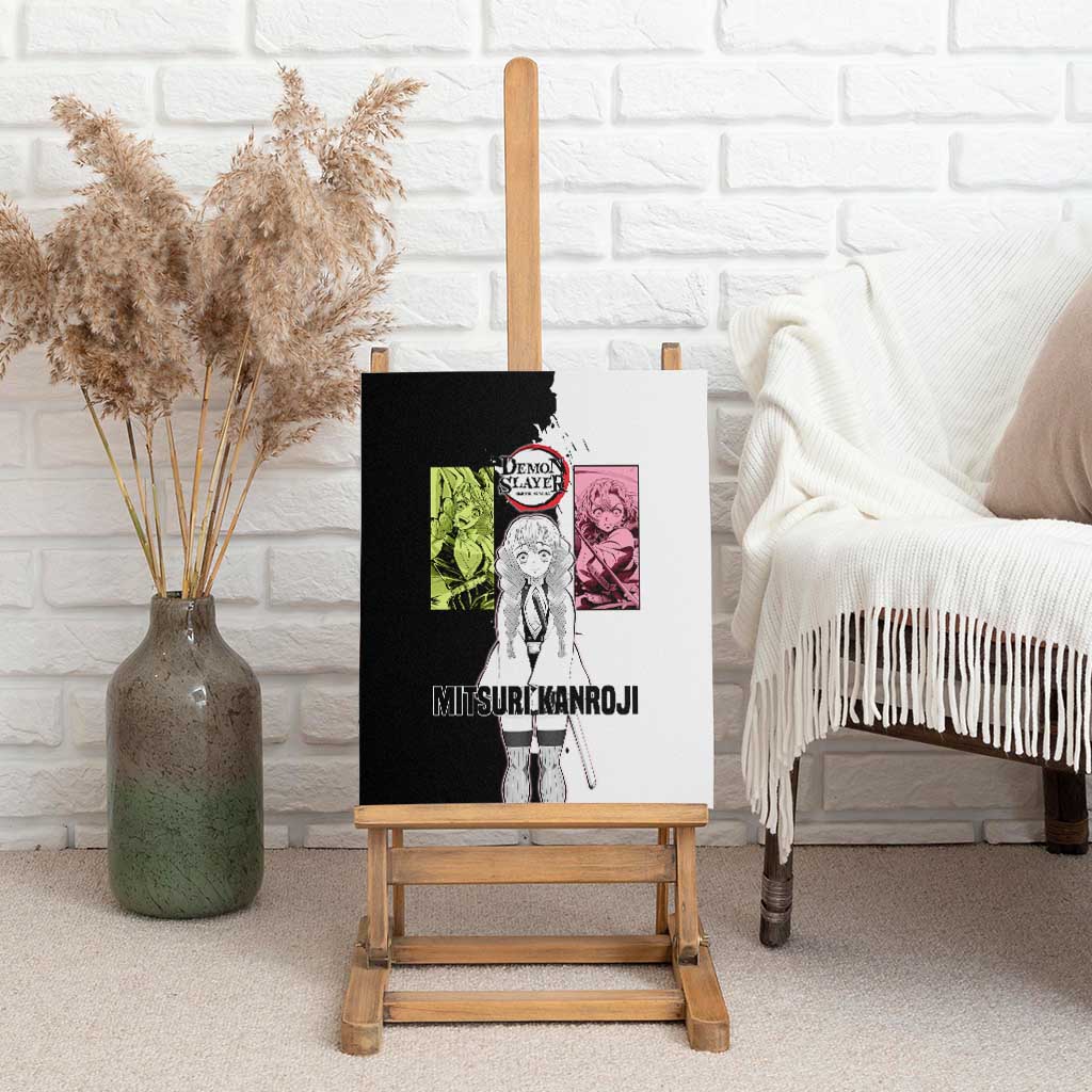Mitsuri Kanroji from Demon Slayer Canvas Wall Art with Black and White Split Background and Energetic Sword Pose Manga Style Design - The Mazicc