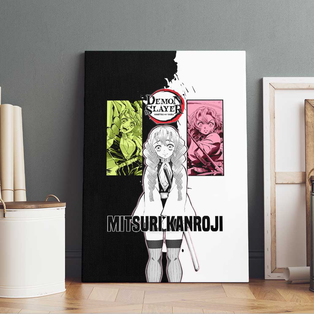 Mitsuri Kanroji from Demon Slayer Canvas Wall Art with Black and White Split Background and Energetic Sword Pose Manga Style Design - The Mazicc