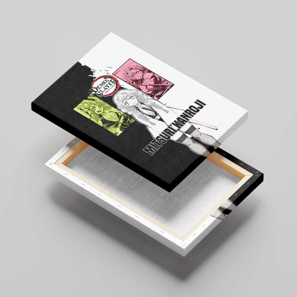 Mitsuri Kanroji from Demon Slayer Canvas Wall Art with Black and White Split Background and Energetic Sword Pose Manga Style Design - The Mazicc