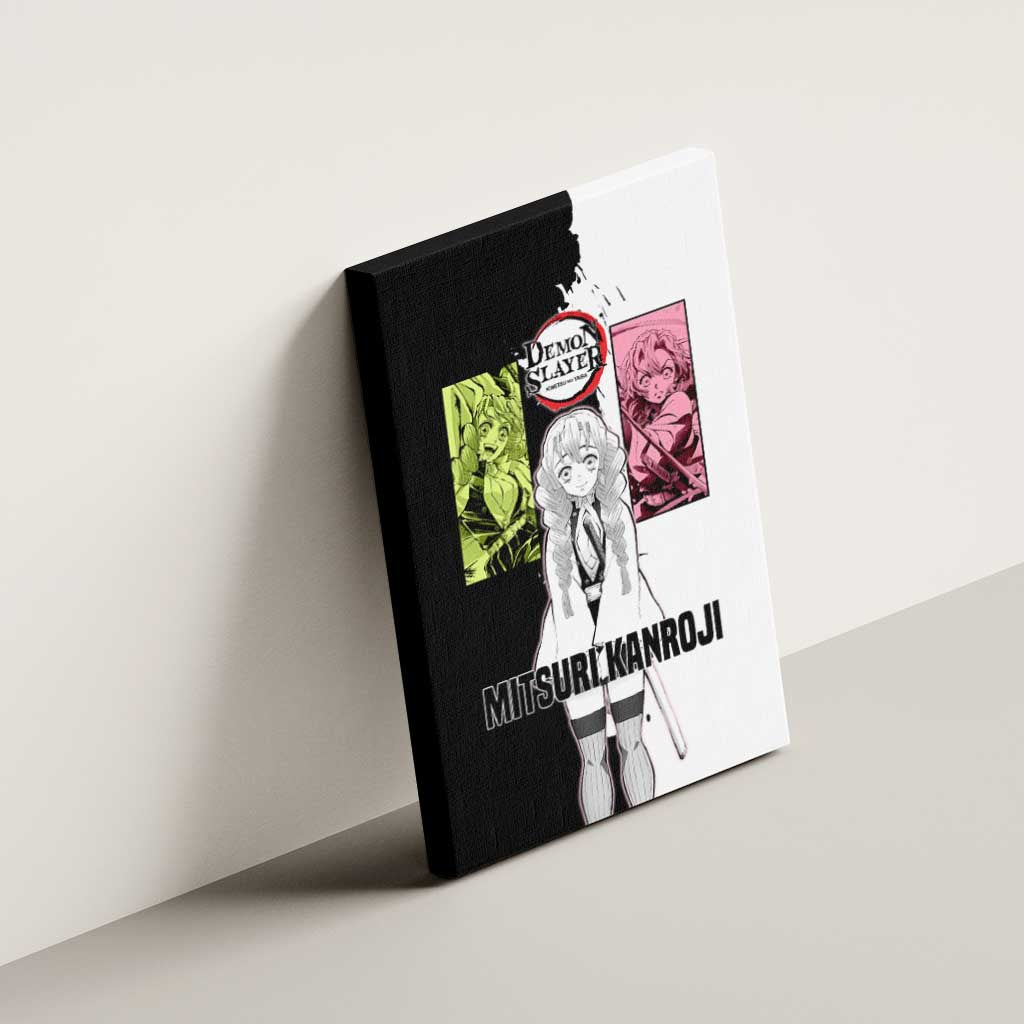 Mitsuri Kanroji from Demon Slayer Canvas Wall Art with Black and White Split Background and Energetic Sword Pose Manga Style Design - The Mazicc