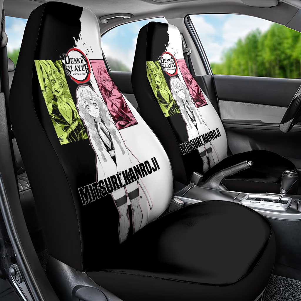 Mitsuri Kanroji from Demon Slayer Car Seat Cover with Black and White Split Background and Energetic Sword Pose Manga Style Design - The Mazicc