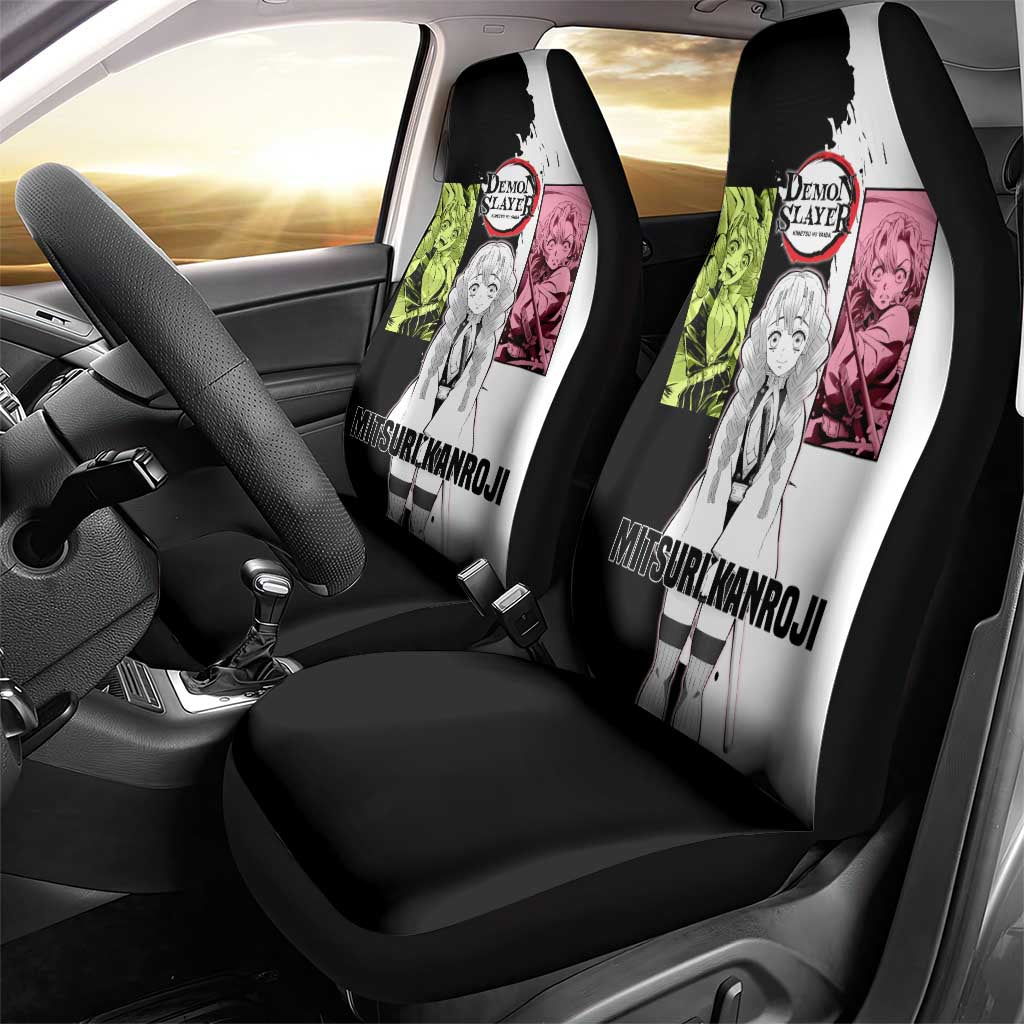 Mitsuri Kanroji from Demon Slayer Car Seat Cover with Black and White Split Background and Energetic Sword Pose Manga Style Design - The Mazicc
