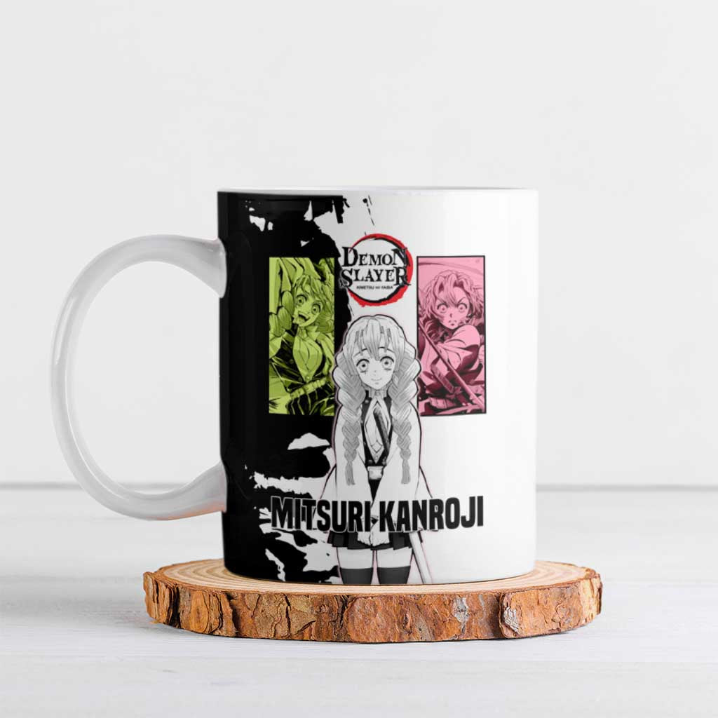 Mitsuri Kanroji from Demon Slayer Ceramic Mug with Black and White Split Background and Energetic Sword Pose Manga Style Design - The Mazicc