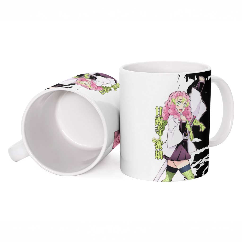 Mitsuri Kanroji from Demon Slayer Ceramic Mug with Black and White Split Background and Energetic Sword Pose Manga Style Design - The Mazicc