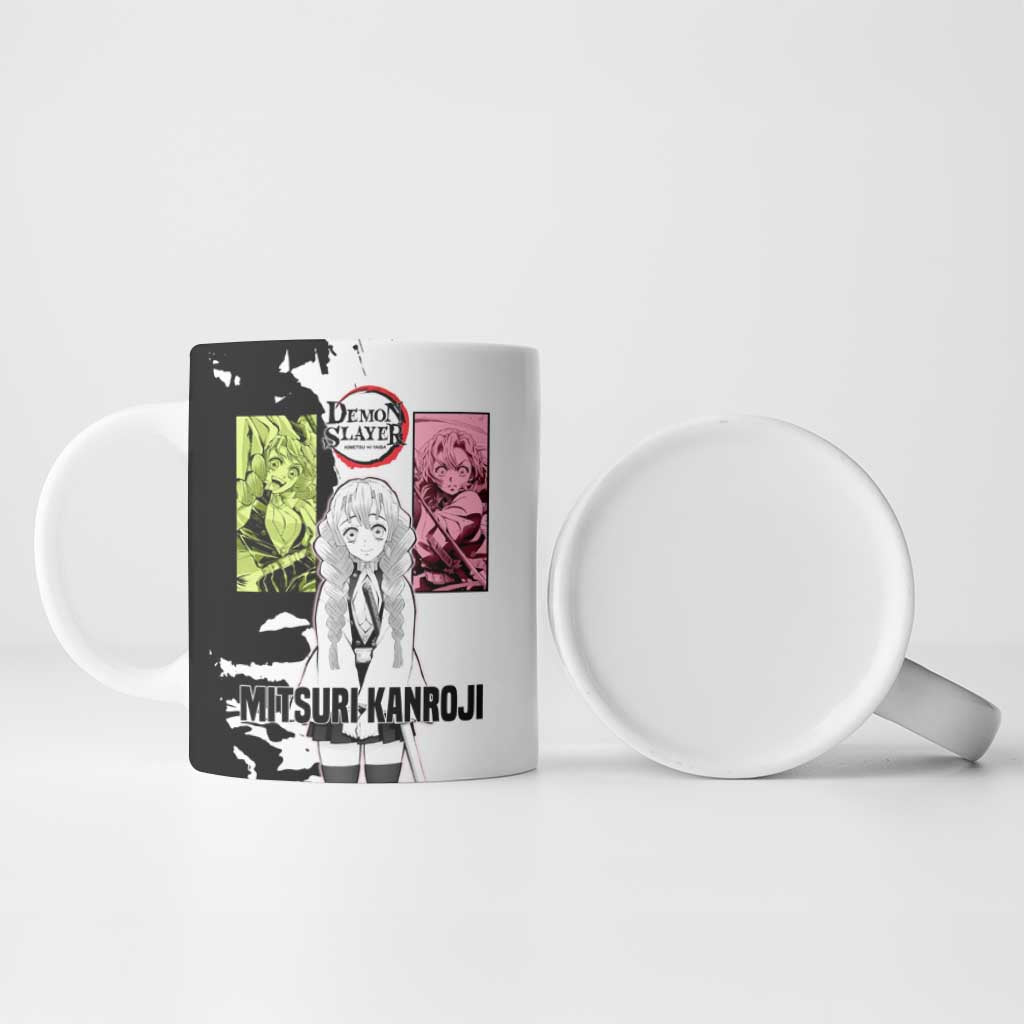 Mitsuri Kanroji from Demon Slayer Ceramic Mug with Black and White Split Background and Energetic Sword Pose Manga Style Design - The Mazicc