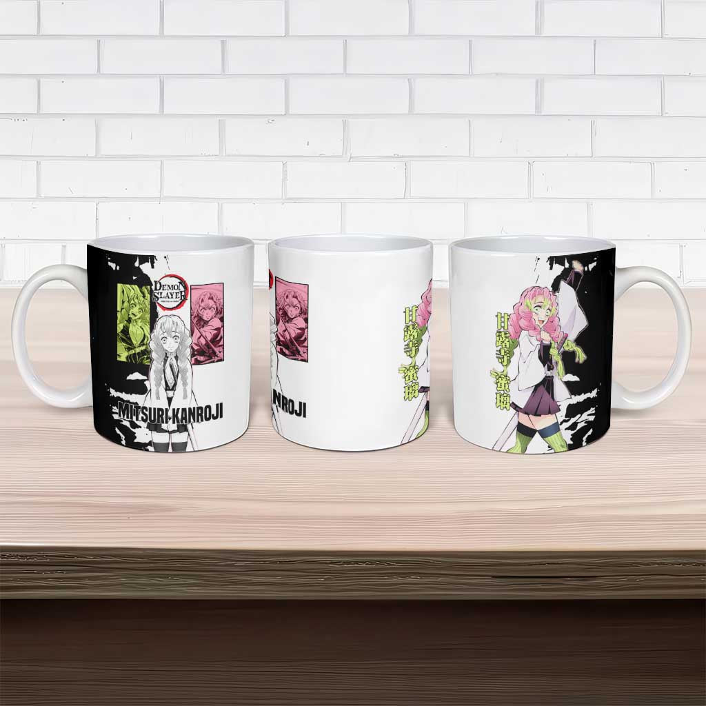 Mitsuri Kanroji from Demon Slayer Ceramic Mug with Black and White Split Background and Energetic Sword Pose Manga Style Design - The Mazicc