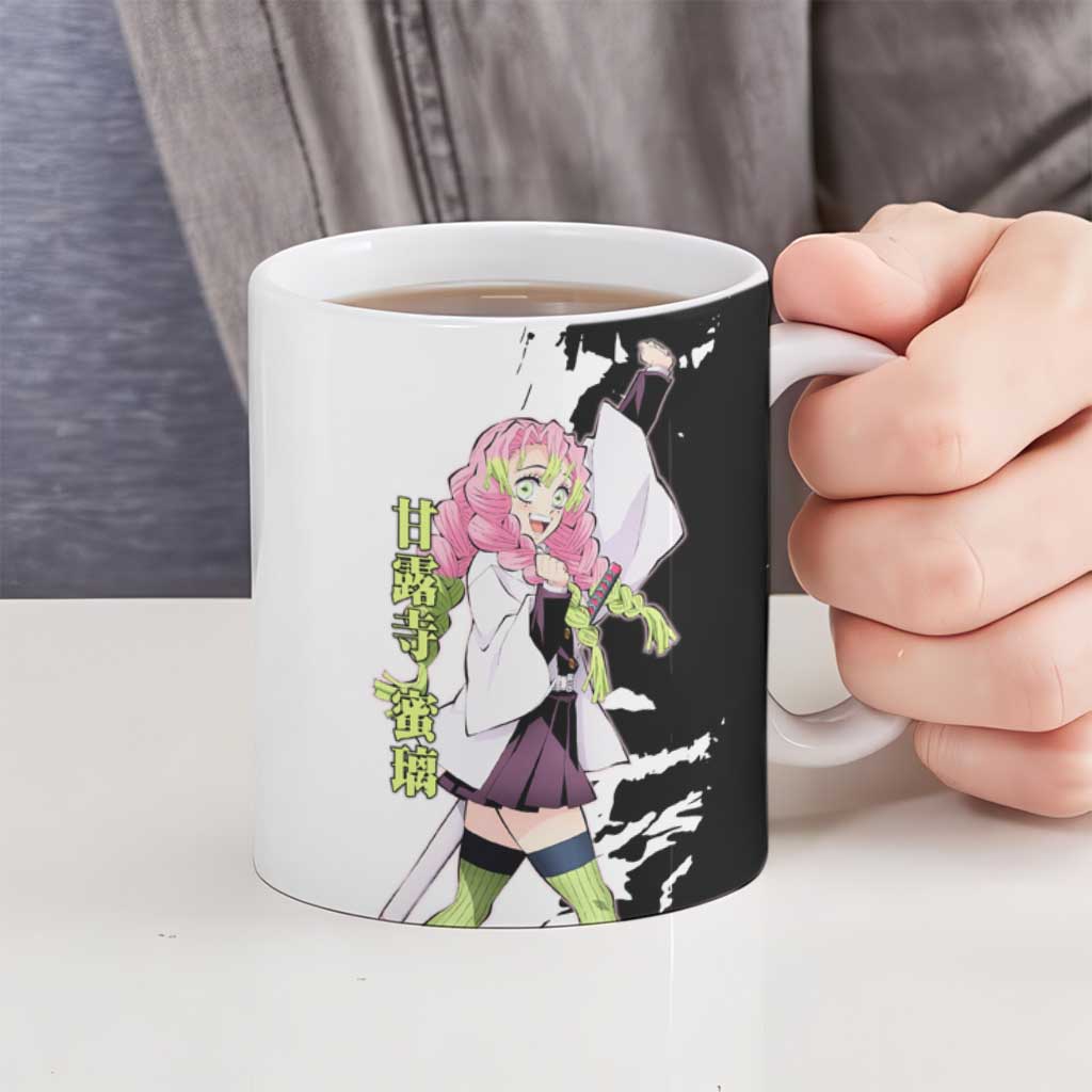 Mitsuri Kanroji from Demon Slayer Ceramic Mug with Black and White Split Background and Energetic Sword Pose Manga Style Design - The Mazicc