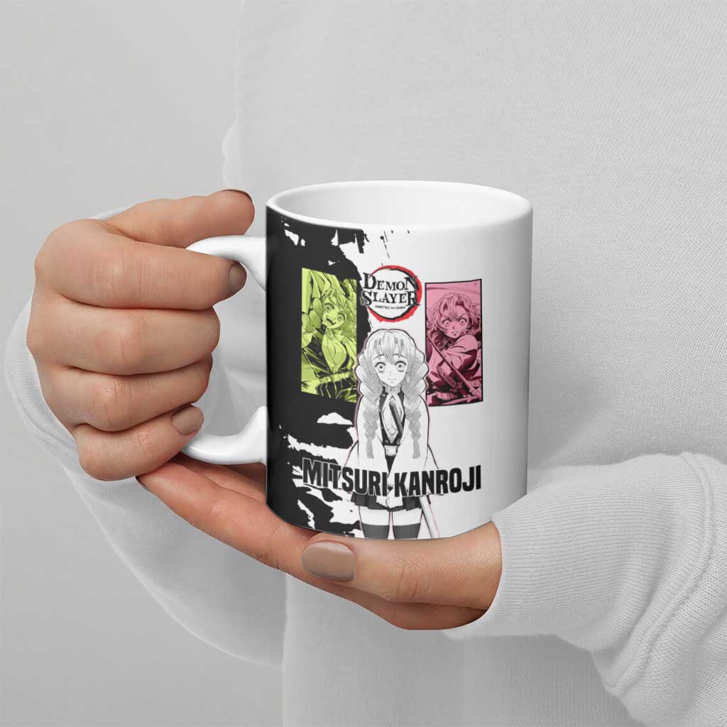 Mitsuri Kanroji from Demon Slayer Ceramic Mug with Black and White Split Background and Energetic Sword Pose Manga Style Design - The Mazicc