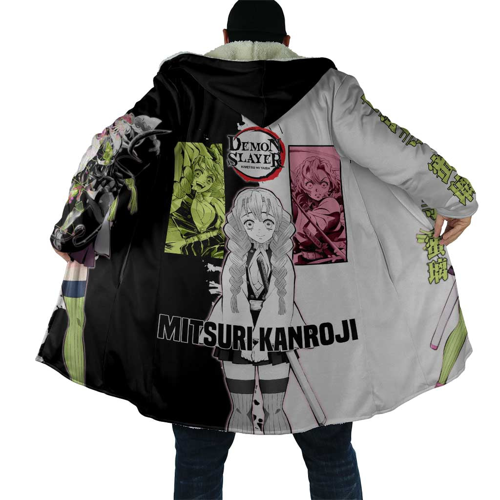 Mitsuri Kanroji from Demon Slayer Cloak with Black and White Split Background and Energetic Sword Pose Manga Style Design - The Mazicc
