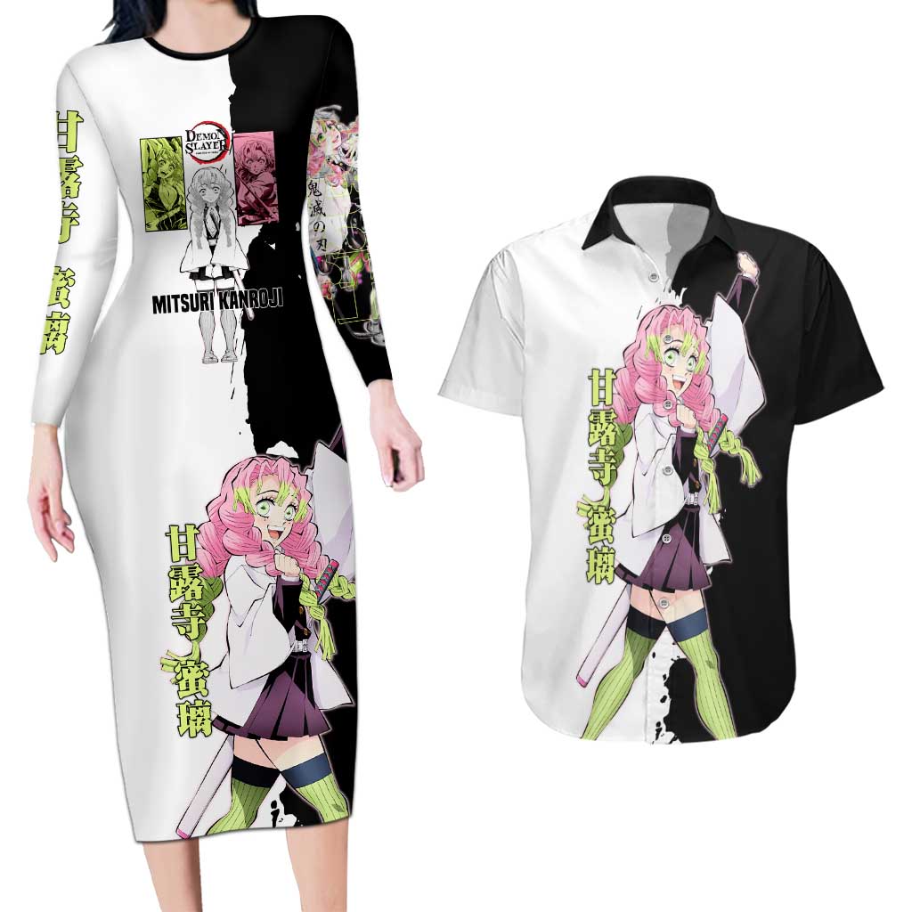 Mitsuri Kanroji from Demon Slayer Couples Matching Long Sleeve Bodycon Dress and Hawaiian Shirt with Black and White Split Background and Energetic Sword Pose Manga Style Design - The Mazicc