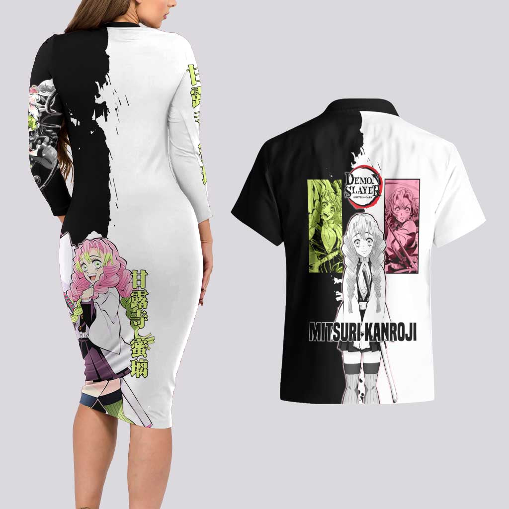 Mitsuri Kanroji from Demon Slayer Couples Matching Long Sleeve Bodycon Dress and Hawaiian Shirt with Black and White Split Background and Energetic Sword Pose Manga Style Design - The Mazicc
