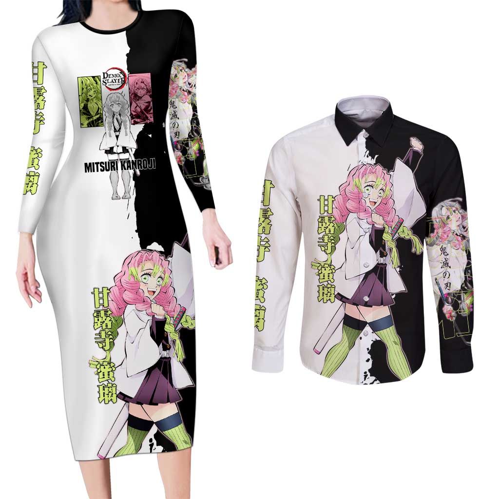Mitsuri Kanroji from Demon Slayer Couples Matching Long Sleeve Bodycon Dress and Long Sleeve Button Shirt with Black and White Split Background and Energetic Sword Pose Manga Style Design - The Mazicc