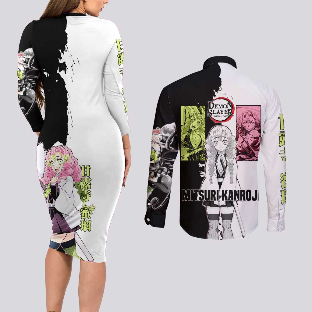 Mitsuri Kanroji from Demon Slayer Couples Matching Long Sleeve Bodycon Dress and Long Sleeve Button Shirt with Black and White Split Background and Energetic Sword Pose Manga Style Design - The Mazicc
