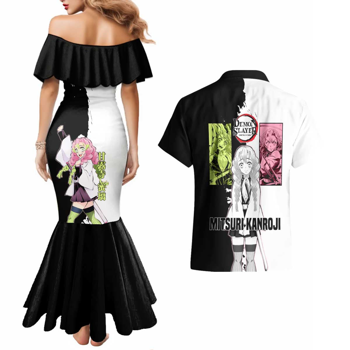 Mitsuri Kanroji from Demon Slayer Couples Matching Mermaid Dress and Hawaiian Shirt with Black and White Split Background and Energetic Sword Pose Manga Style Design - The Mazicc
