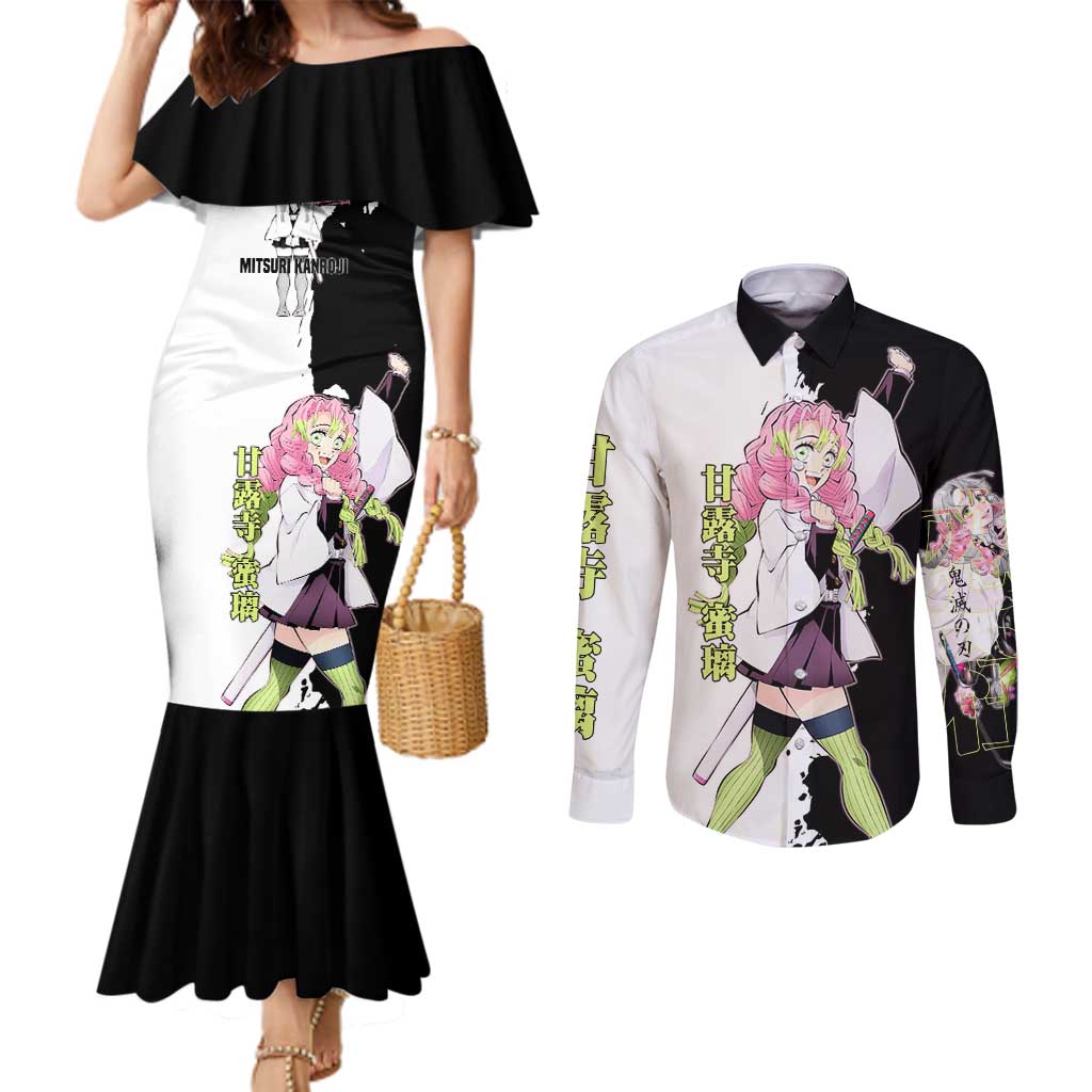 Mitsuri Kanroji from Demon Slayer Couples Matching Mermaid Dress and Long Sleeve Button Shirt with Black and White Split Background and Energetic Sword Pose Manga Style Design - The Mazicc
