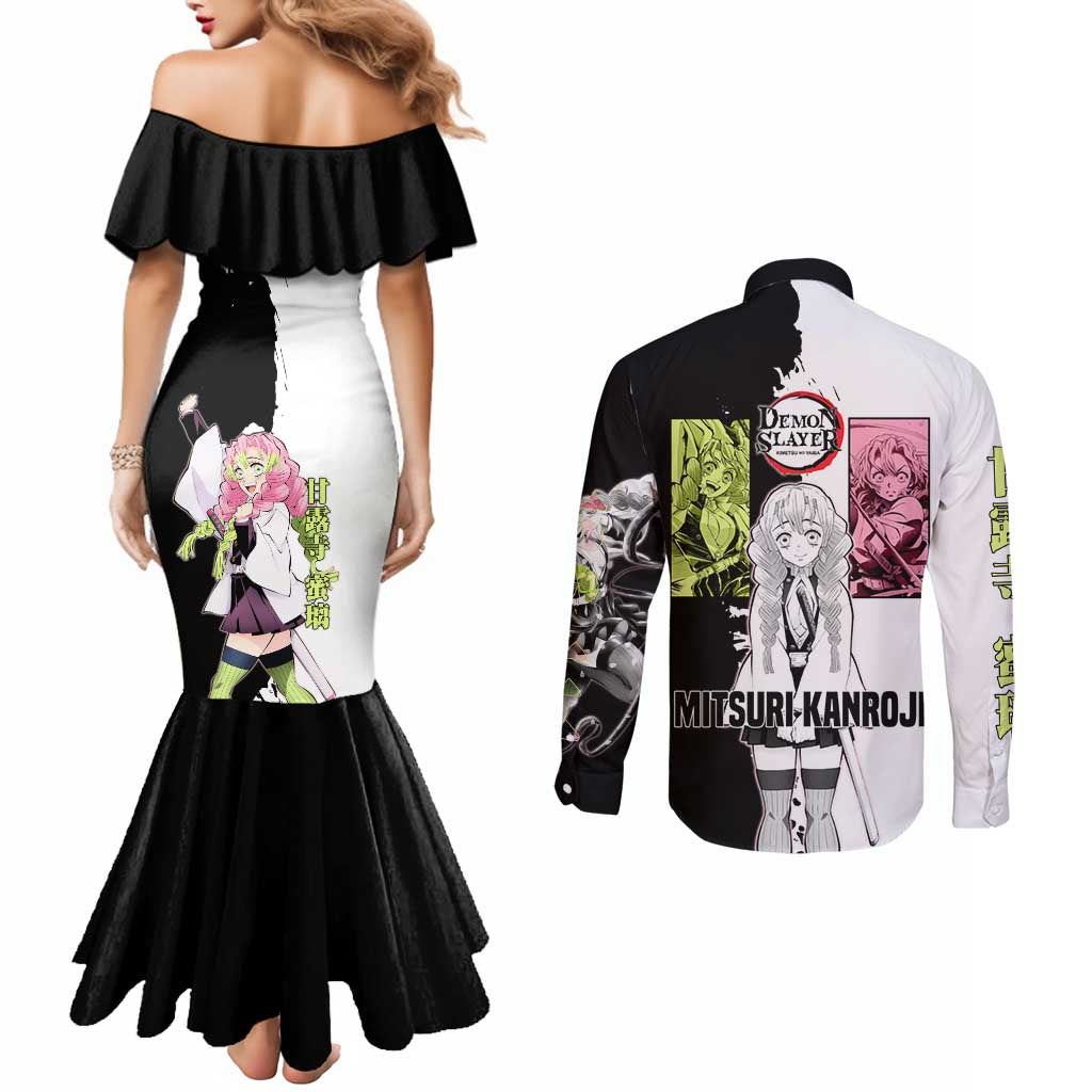 Mitsuri Kanroji from Demon Slayer Couples Matching Mermaid Dress and Long Sleeve Button Shirt with Black and White Split Background and Energetic Sword Pose Manga Style Design - The Mazicc