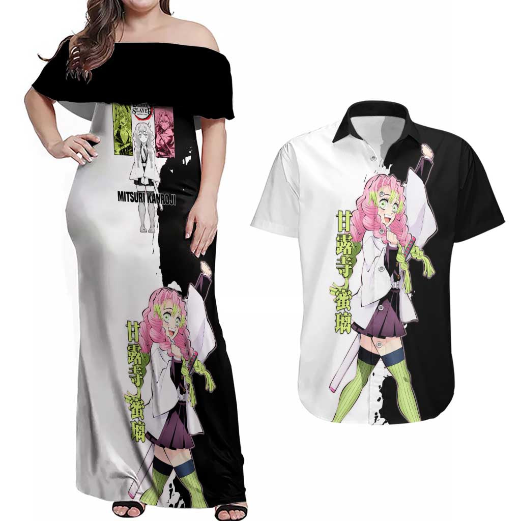 Mitsuri Kanroji from Demon Slayer Couples Matching Off Shoulder Maxi Dress and Hawaiian Shirt with Black and White Split Background and Energetic Sword Pose Manga Style Design - The Mazicc