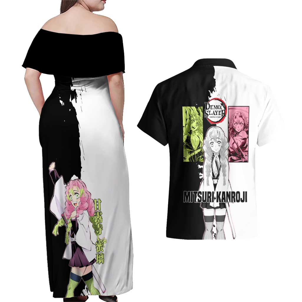 Mitsuri Kanroji from Demon Slayer Couples Matching Off Shoulder Maxi Dress and Hawaiian Shirt with Black and White Split Background and Energetic Sword Pose Manga Style Design - The Mazicc