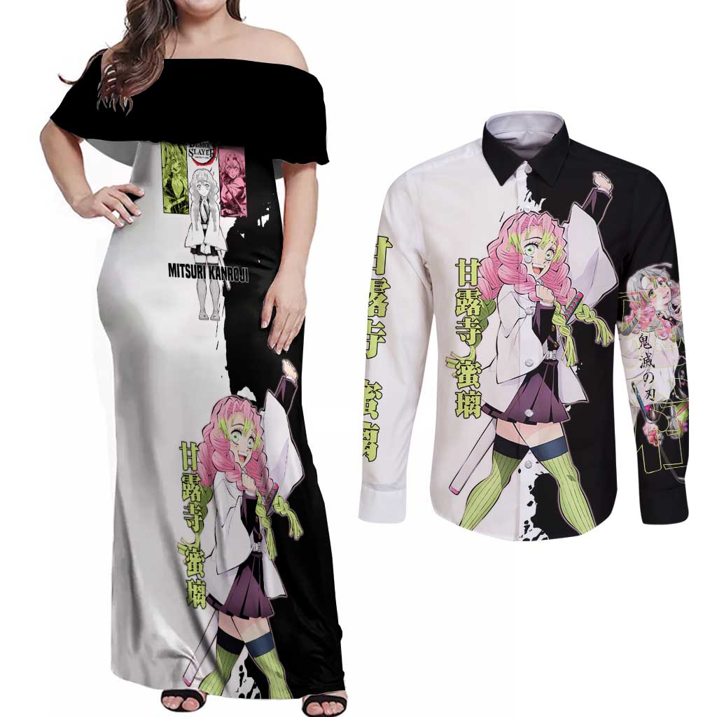 Mitsuri Kanroji from Demon Slayer Couples Matching Off Shoulder Maxi Dress and Long Sleeve Button Shirt with Black and White Split Background and Energetic Sword Pose Manga Style Design - The Mazicc