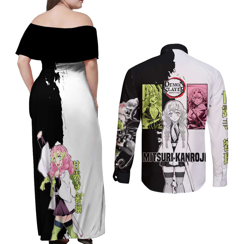 Mitsuri Kanroji from Demon Slayer Couples Matching Off Shoulder Maxi Dress and Long Sleeve Button Shirt with Black and White Split Background and Energetic Sword Pose Manga Style Design - The Mazicc
