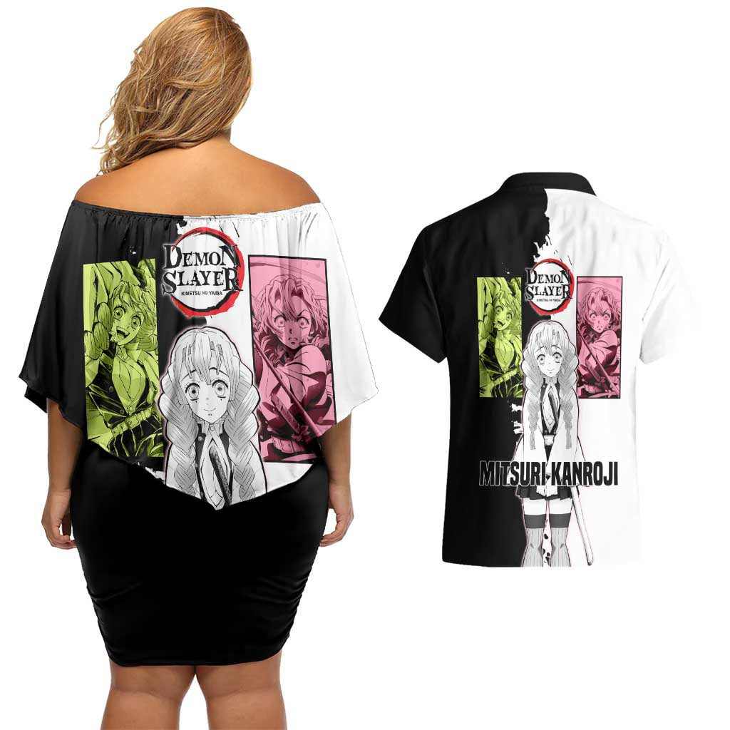 Mitsuri Kanroji from Demon Slayer Couples Matching Off Shoulder Short Dress and Hawaiian Shirt with Black and White Split Background and Energetic Sword Pose Manga Style Design - The Mazicc