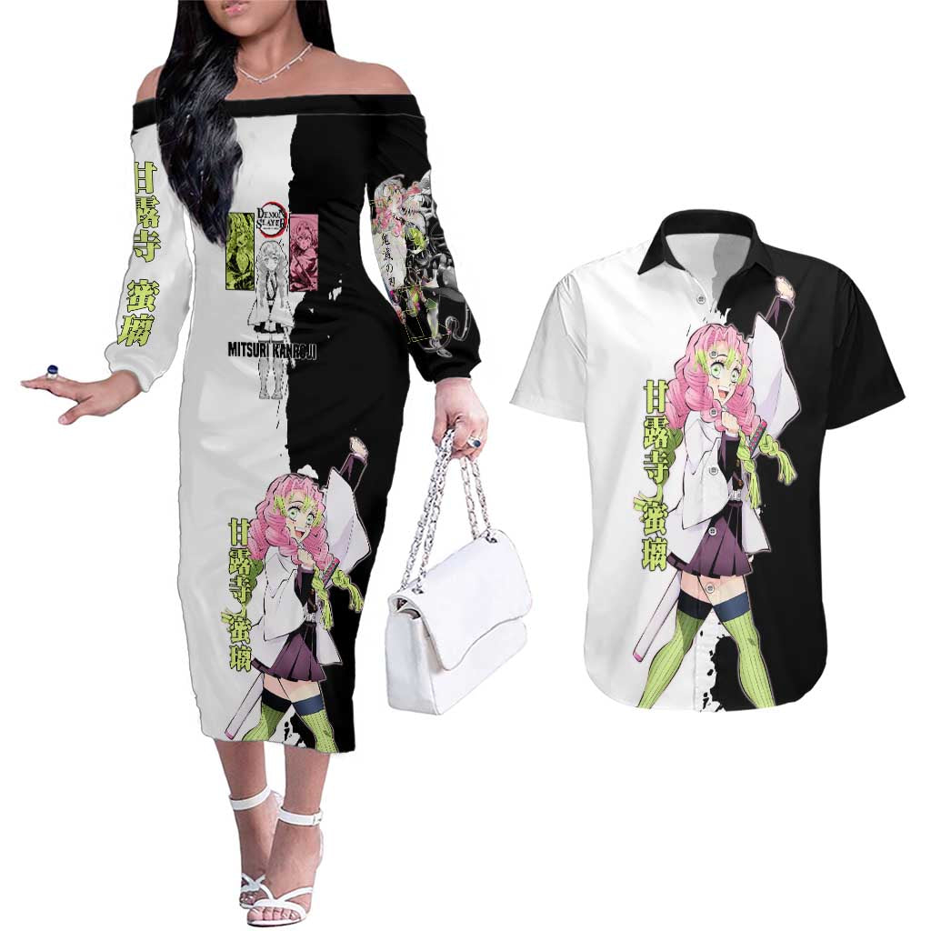 Mitsuri Kanroji from Demon Slayer Couples Matching Off The Shoulder Long Sleeve Dress and Hawaiian Shirt with Black and White Split Background and Energetic Sword Pose Manga Style Design - The Mazicc